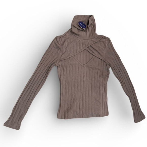 Sweaty Rocks Sweaters - SweatyRocks Ribbed Long Sleeve Mock Neck Cutout Top Women’s Brown Taupe NWT Sz S